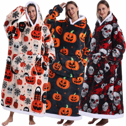 Halloween Print Sherpa Fleece Oversized Wearable Blanket Hoodie