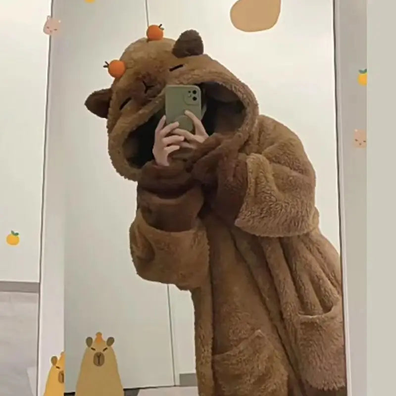 3D Capybara Plush Fleece Hooded Loungewear Suit