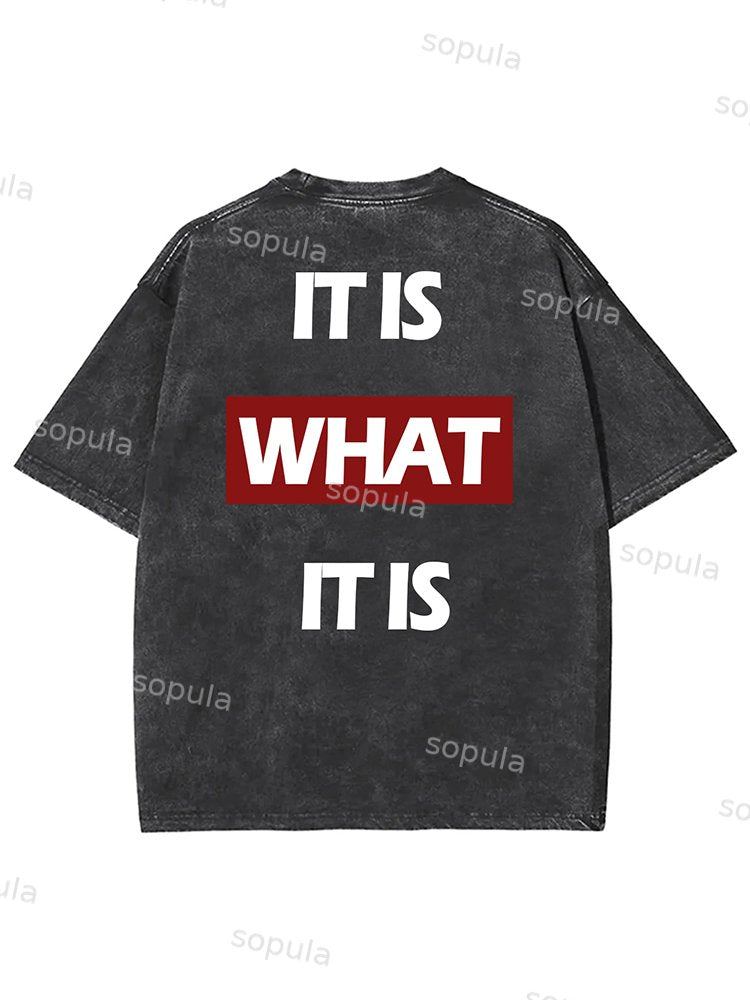 Sopula Vintage It Is What It Is Letters Print Short Sleeve Acid Washed T-Shirt