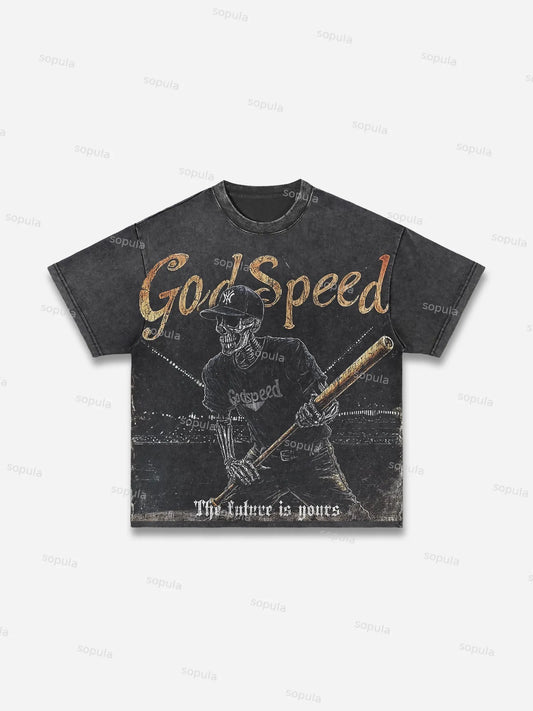 God Speed skeleton Baseball Vintage Graphic Acid Wash T-shirt