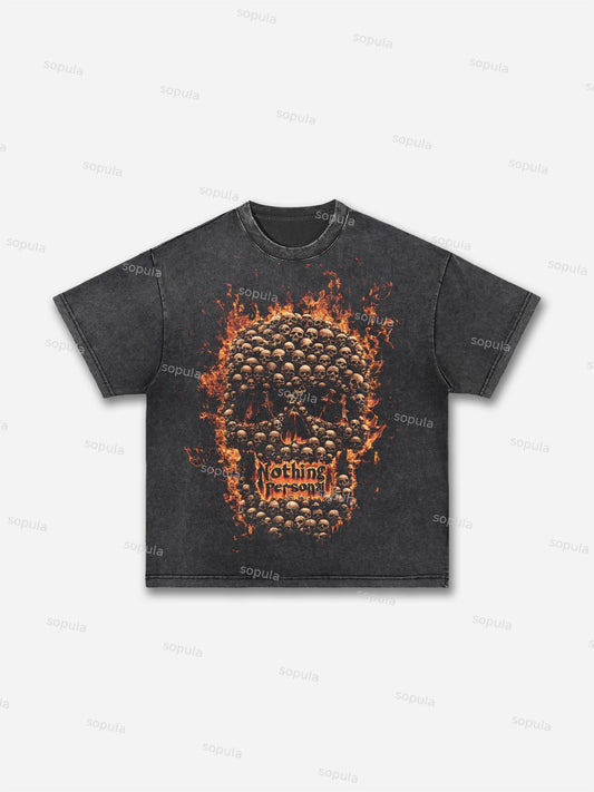 Flaming Skull Graphic Acid Wash T-shirt
