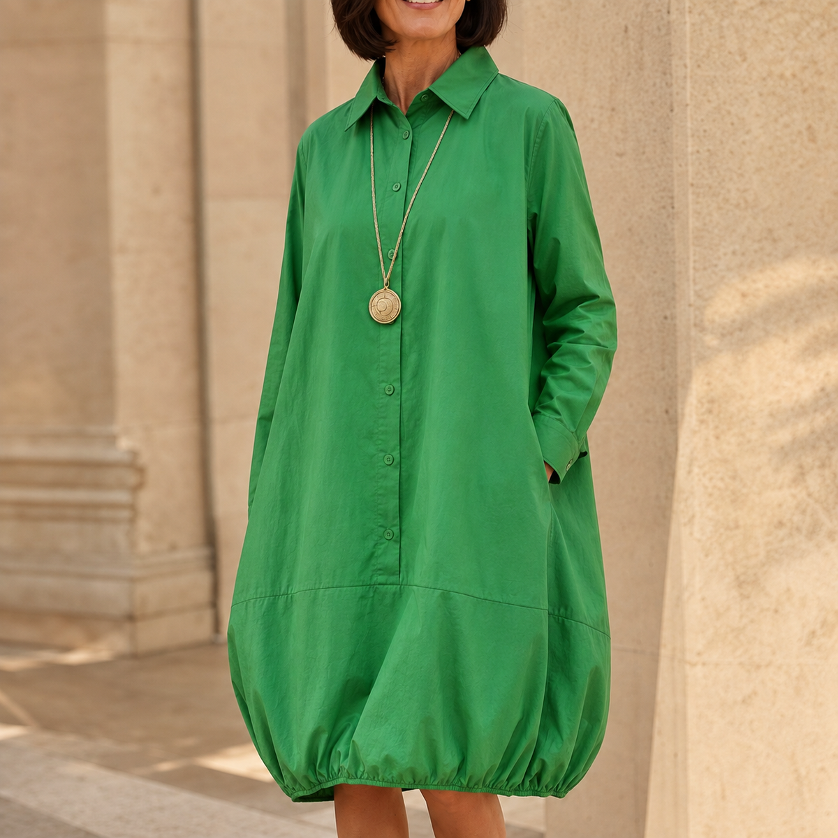 Button-Front Relaxed Shirt Dress