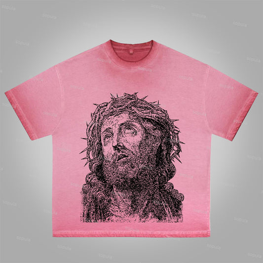 Sopula Vintage Jesus Portrait Graphic Print Washed Cotton T-Shirt