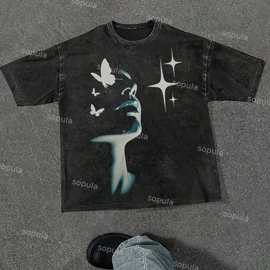 Vintage Butterfly Star Graphic Acid Washed T-shirt
