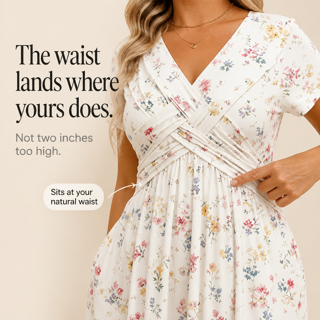 Twist-Waist Floral V-Neck Midi Dress