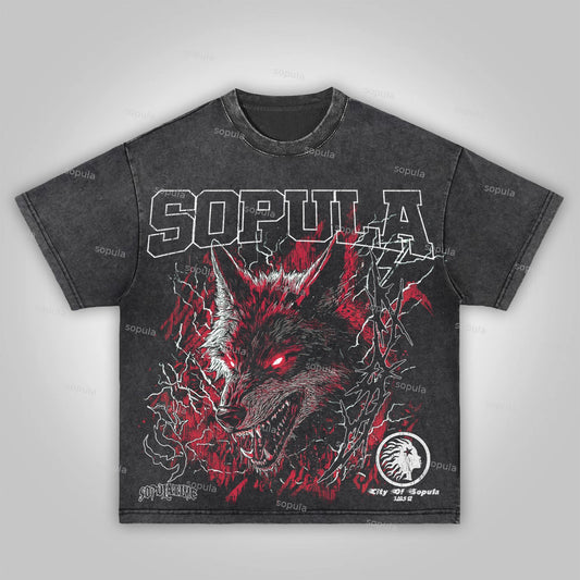 Sopula Vintage Street Digital Print Graphics Acid Washed T-Shirt