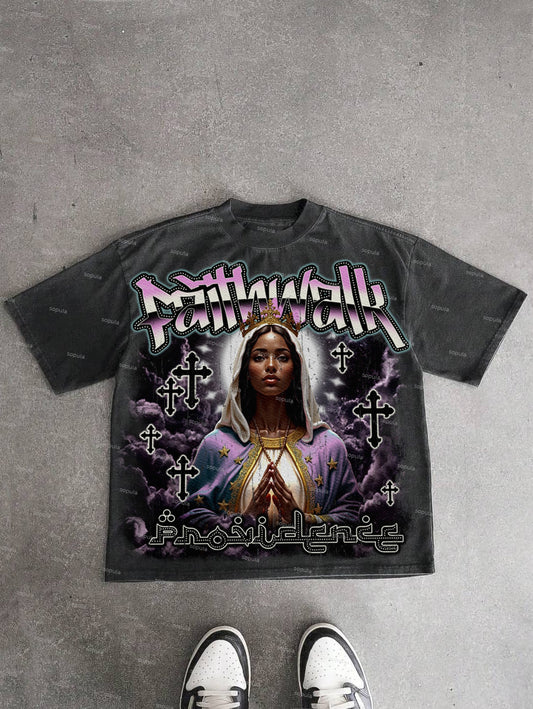 Faith Walk Our Lady Of The Cross Vintage Graphic Acid Wash T-shirt