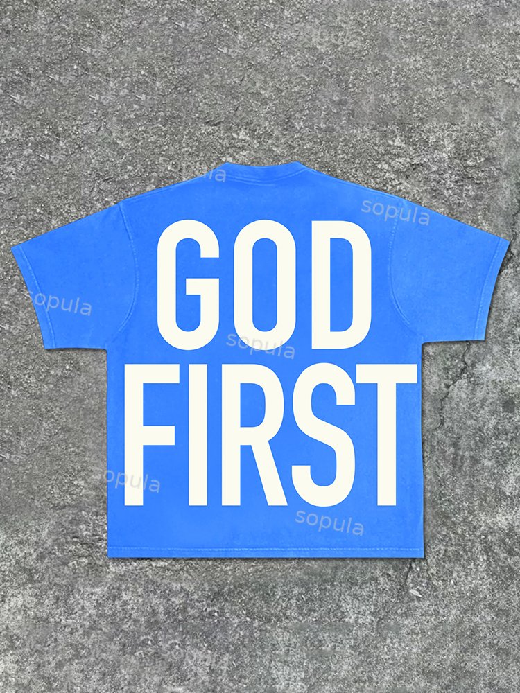 Sopula Vintage God First Print Washed Short Sleeve T-Shirt