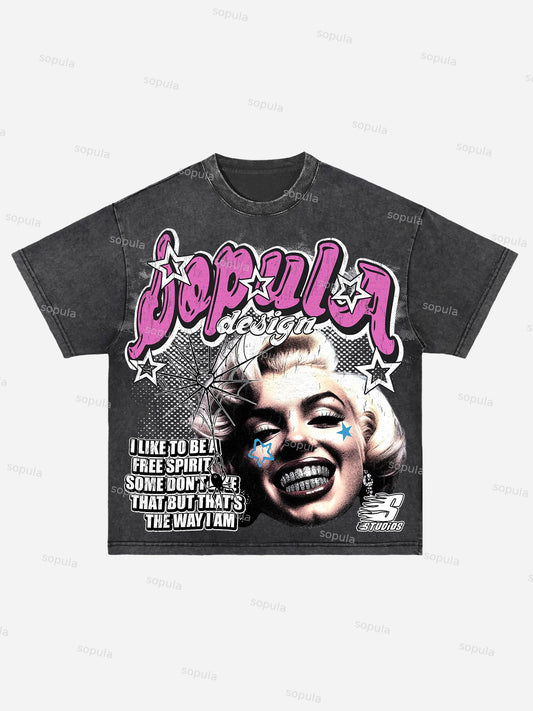 From Street Marilyn Monroe Character Graphic Acid Wash T-shirt