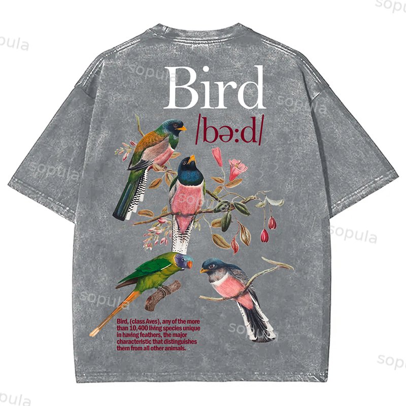 Bird Print Graphic Vintage Acid Wash Cotton T-Shirt