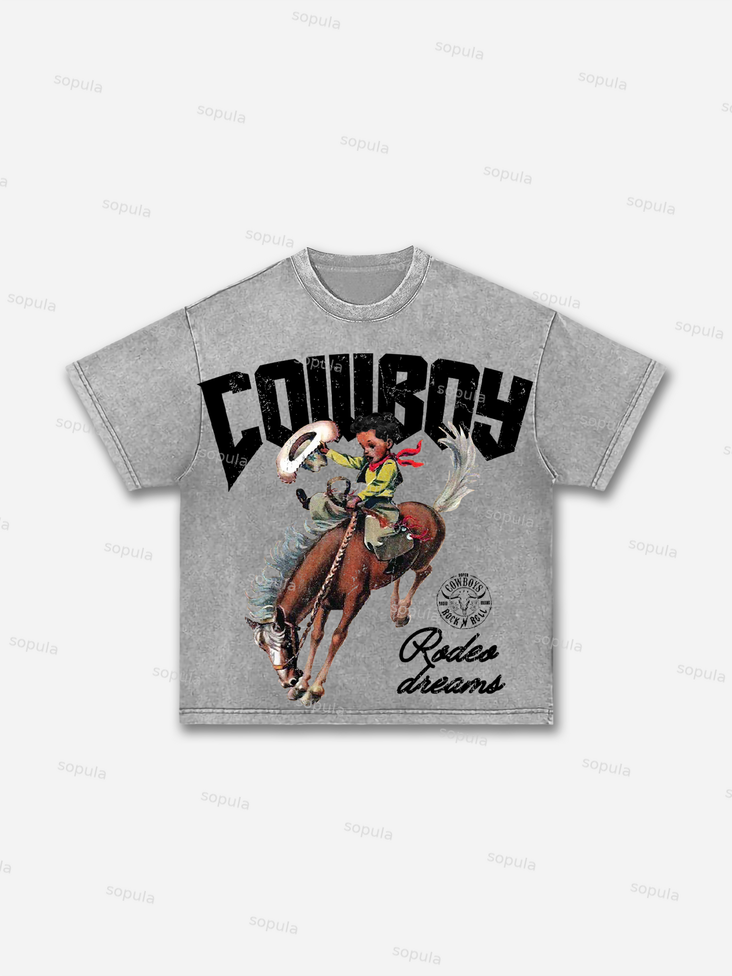 Cowboy Rodeo Dreams Print Acid Wash T-shirt