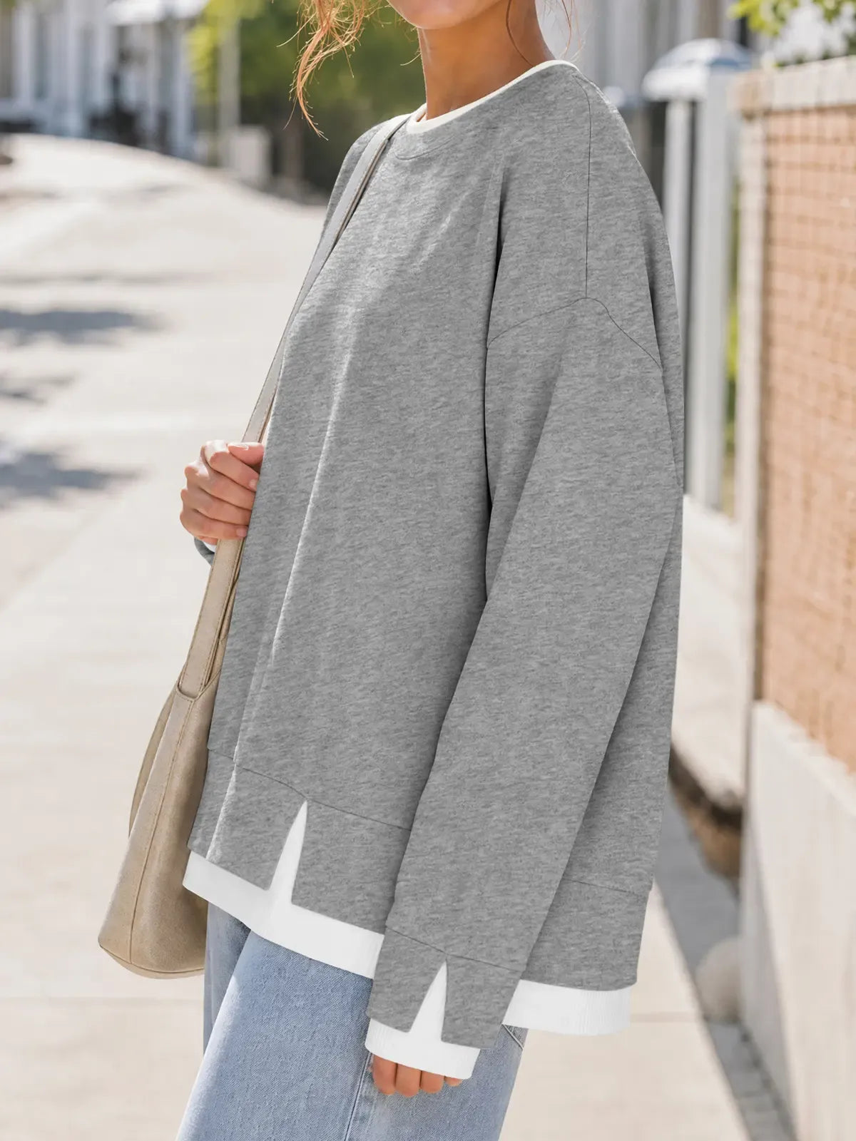 Women Crew Neck Layered Look Striped Patchwork Drop Shoulder Oversized Sweatshirt