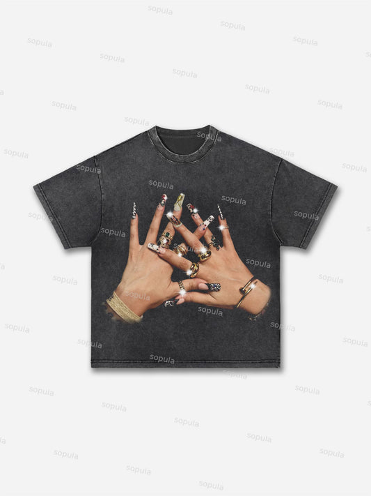 God Religion Trendy Nail Art Graphic Acid Wash T-shirt