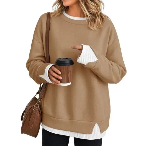 Women Crew Neck Layered Look Striped Patchwork Drop Shoulder Oversized Sweatshirt