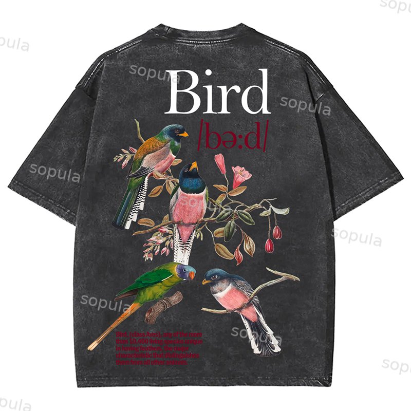 Bird Print Graphic Vintage Acid Wash Cotton T-Shirt