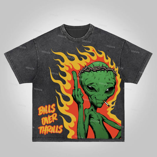 Sopula Flame Alien Bills Over Thrills Printed Graphics Acid Washed T-Shirt