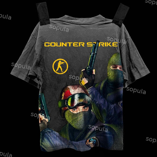 Gunfight Retro Nostalgic Counter Strike Graphic Print Acid Washed T-Shirt