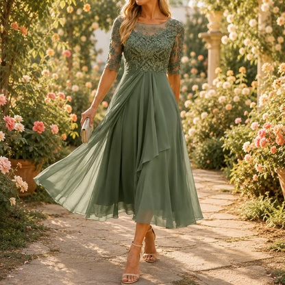 Embroidered Lace Bodice Midi Dress for Weddings