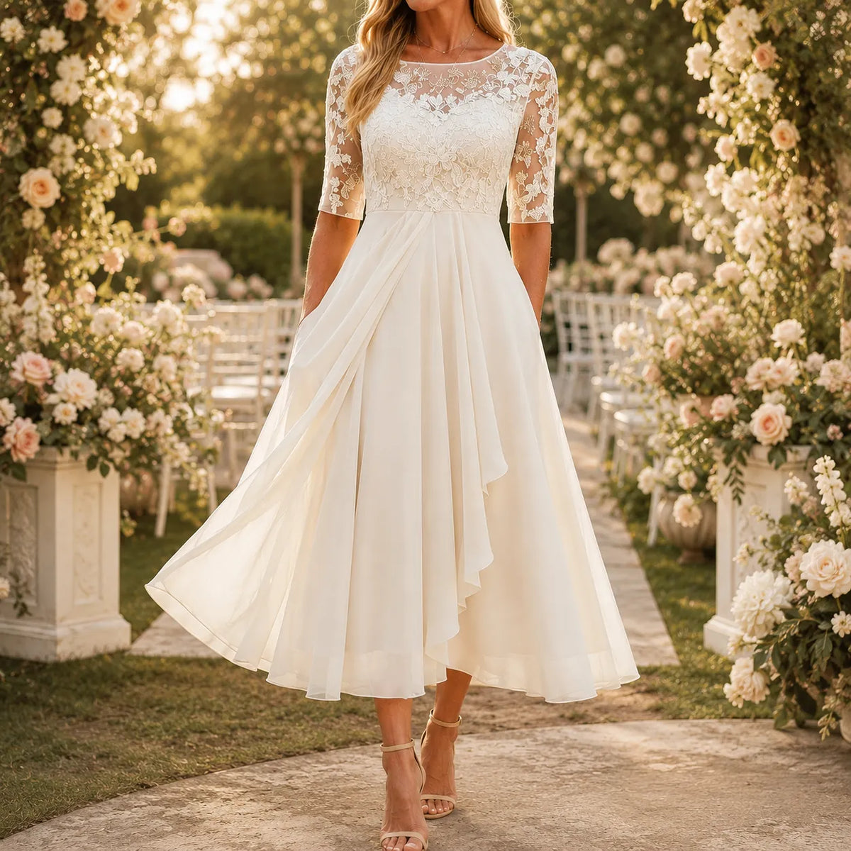 Embroidered Lace Bodice Midi Dress for Weddings