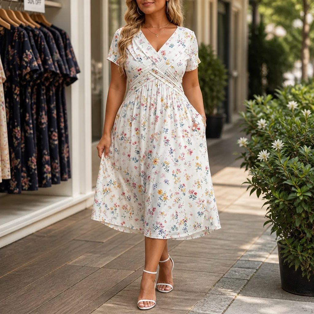 Twist-Waist Floral V-Neck Midi Dress