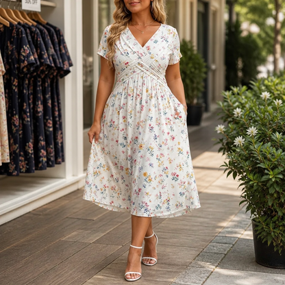Twist-Waist Floral V-Neck Midi Dress