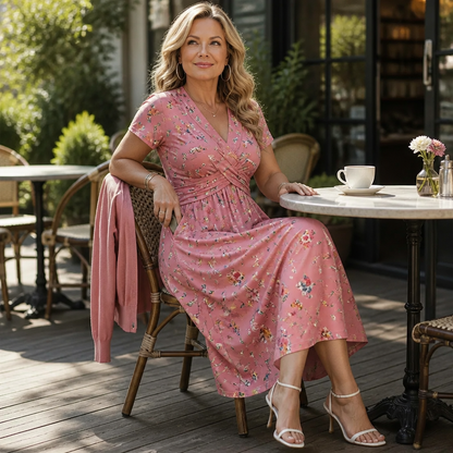 Twist-Waist Floral V-Neck Midi Dress