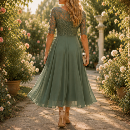 Embroidered Lace Bodice Midi Dress for Weddings
