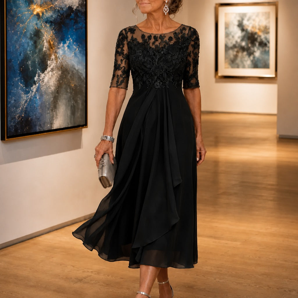 Embroidered Lace Bodice Midi Dress for Weddings