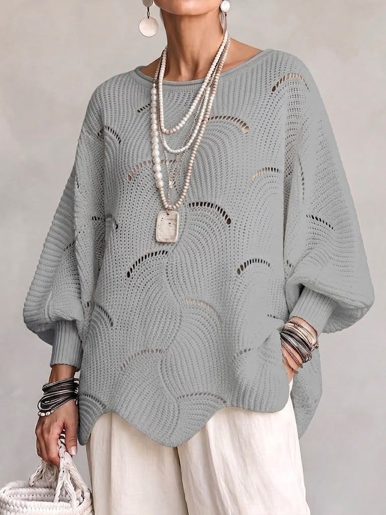 Curated Designer –Hollow Wave Pattern Loose Lantern Sleeve Knit Top