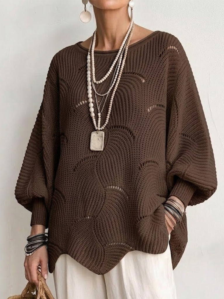 Curated Designer –Hollow Wave Pattern Loose Lantern Sleeve Knit Top