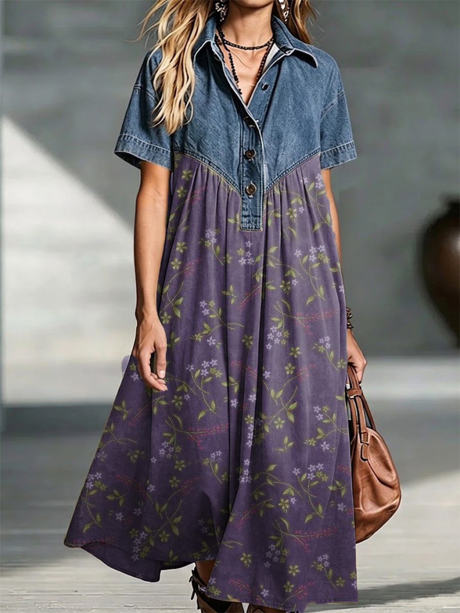 Casual Patchwork Floral Print Cotton-denim Dress