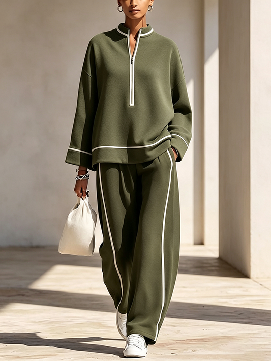 Chic Olive Green Loungewear Set With White Contrast Trim