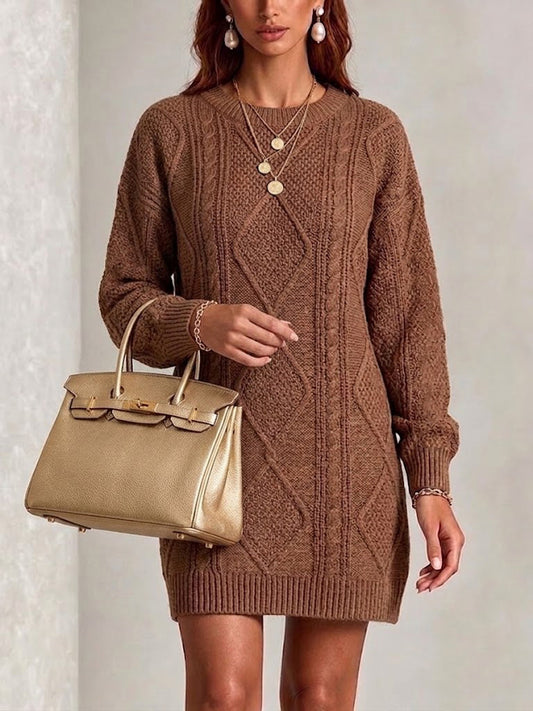 Diamond-cable Knit Knee-length Dress With A Round Neck