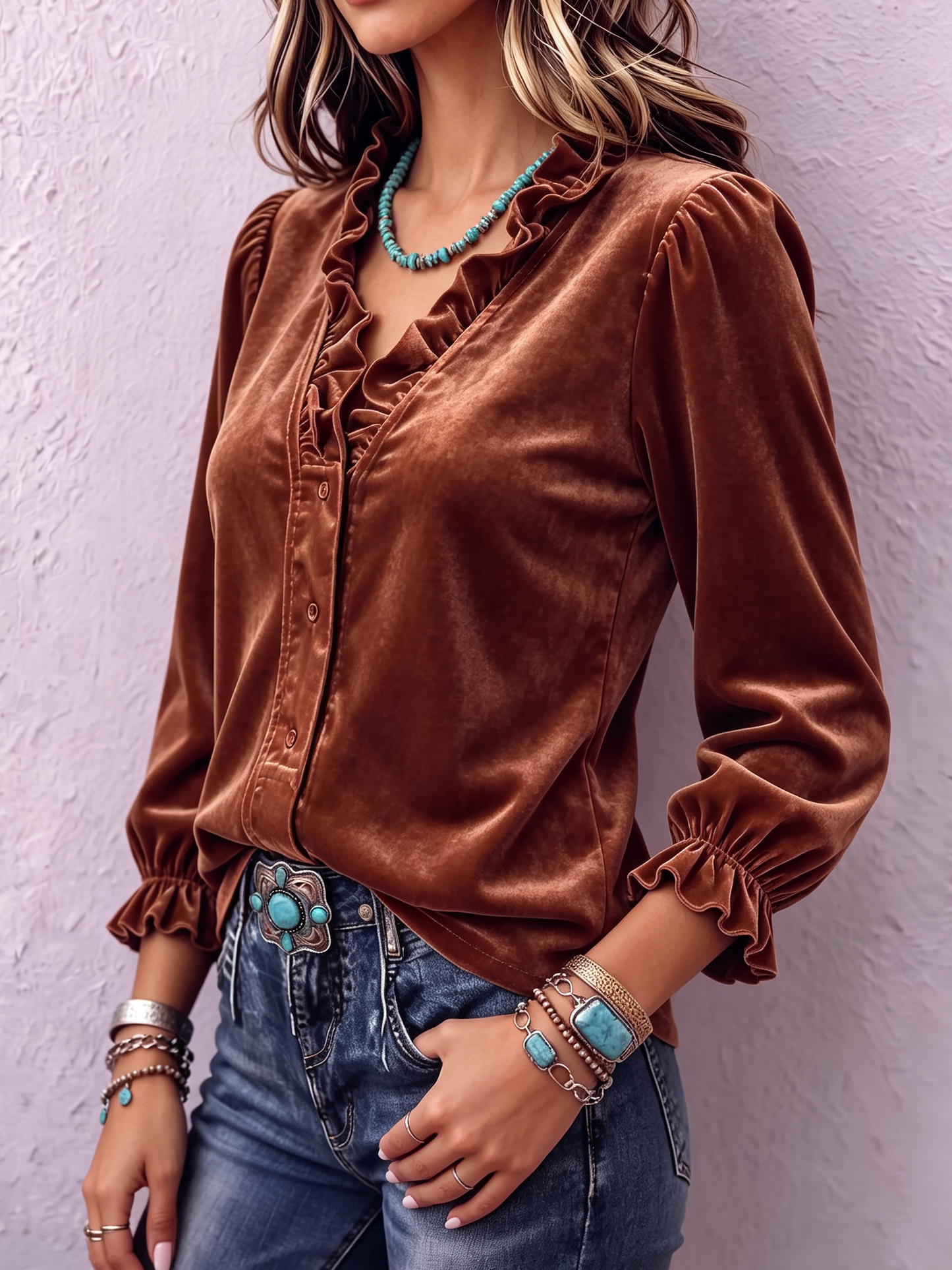 Retro Boho Ruffled Velvet Blouse