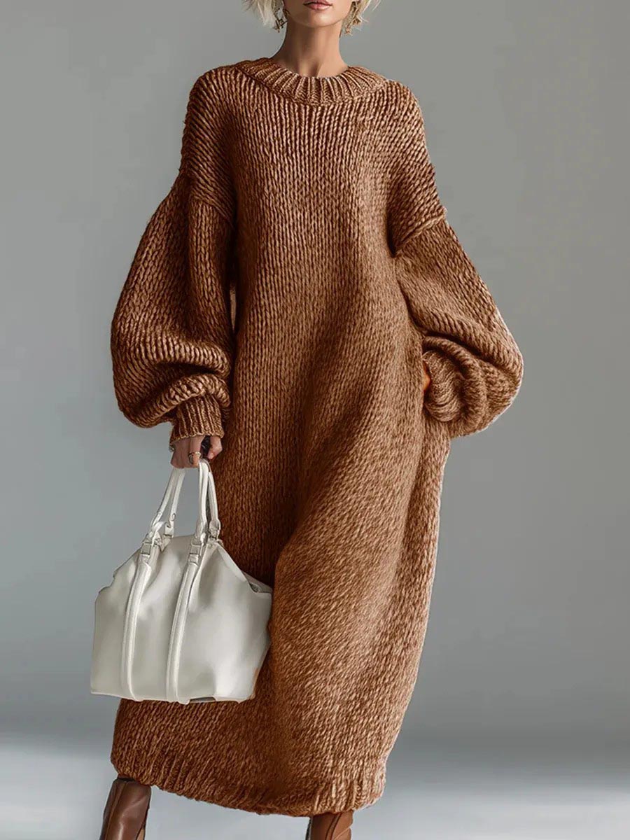 Women's Solid Color Round Neck Long Sleeve Casual Loose Knit Dress