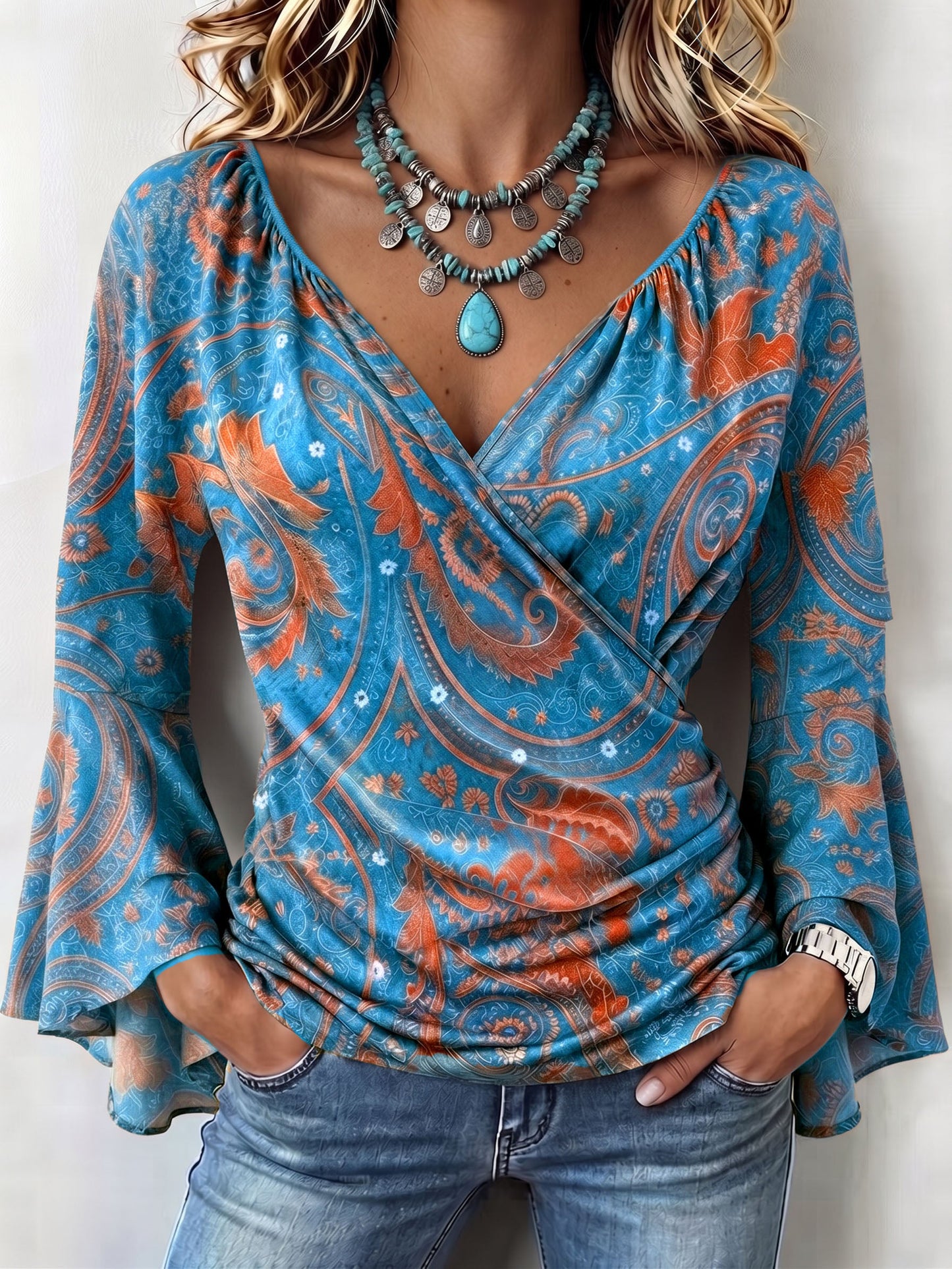 Bohemian Casual Stretch Bell Sleeves Blouse