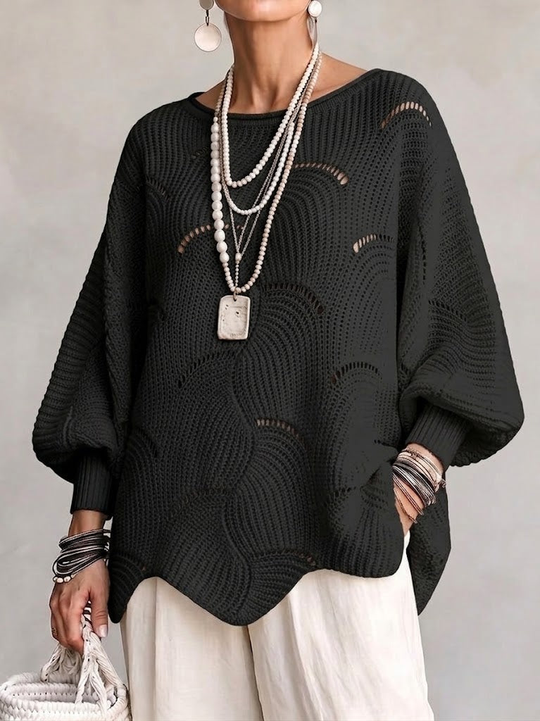 Curated Designer –Hollow Wave Pattern Loose Lantern Sleeve Knit Top