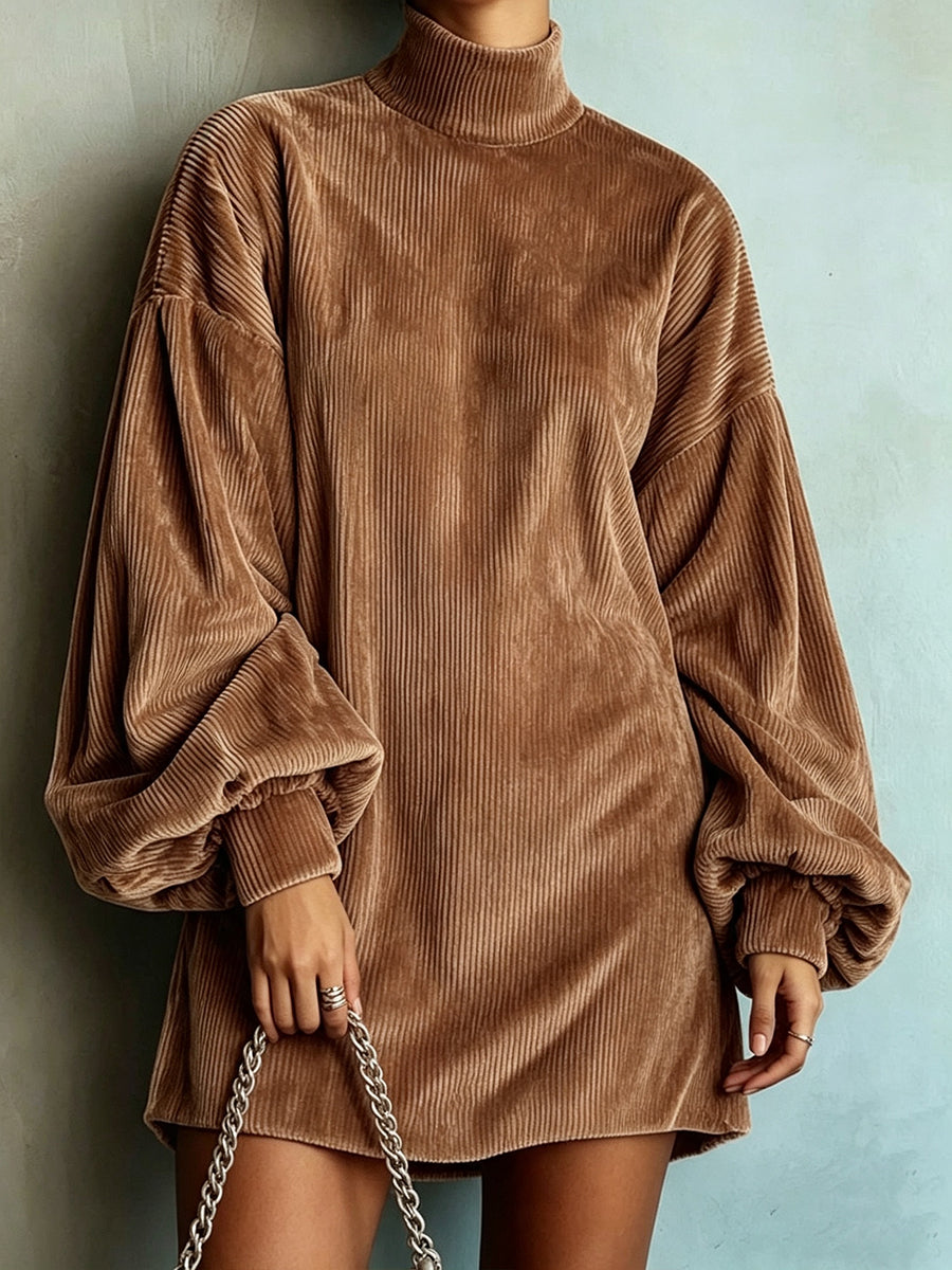 Curated Designer –Loose And Cozy Corduroy Lantern-sleeve Mini Dress