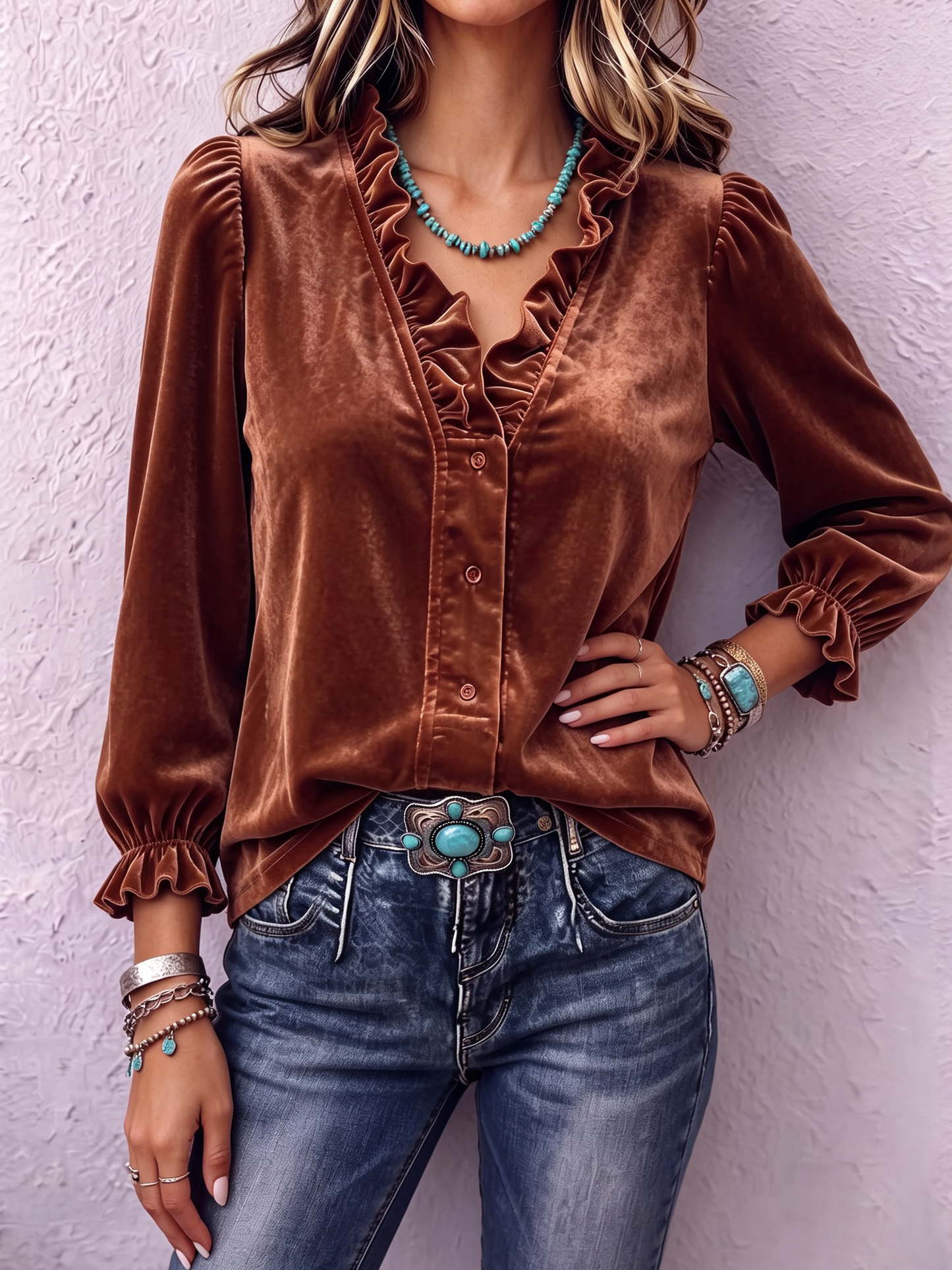 Retro Boho Ruffled Velvet Blouse