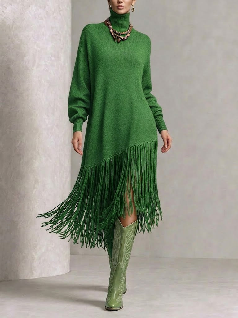 Curated Designer –Turtleneck Diagonal Fringe Oversized Knit Midi Dress