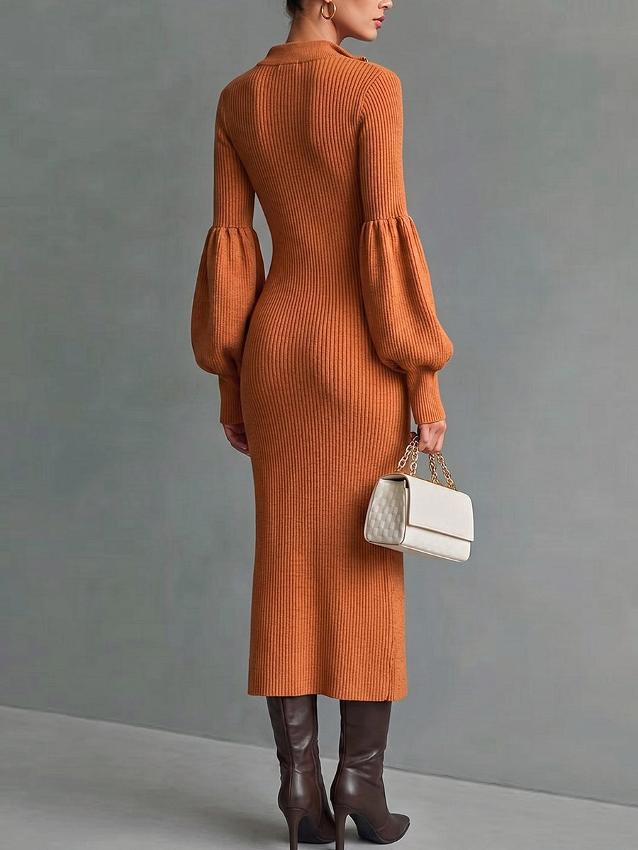 Women's Solid Color Stand Collar Long Sleeve Casual Slim Fit Bodycon Knit Dress