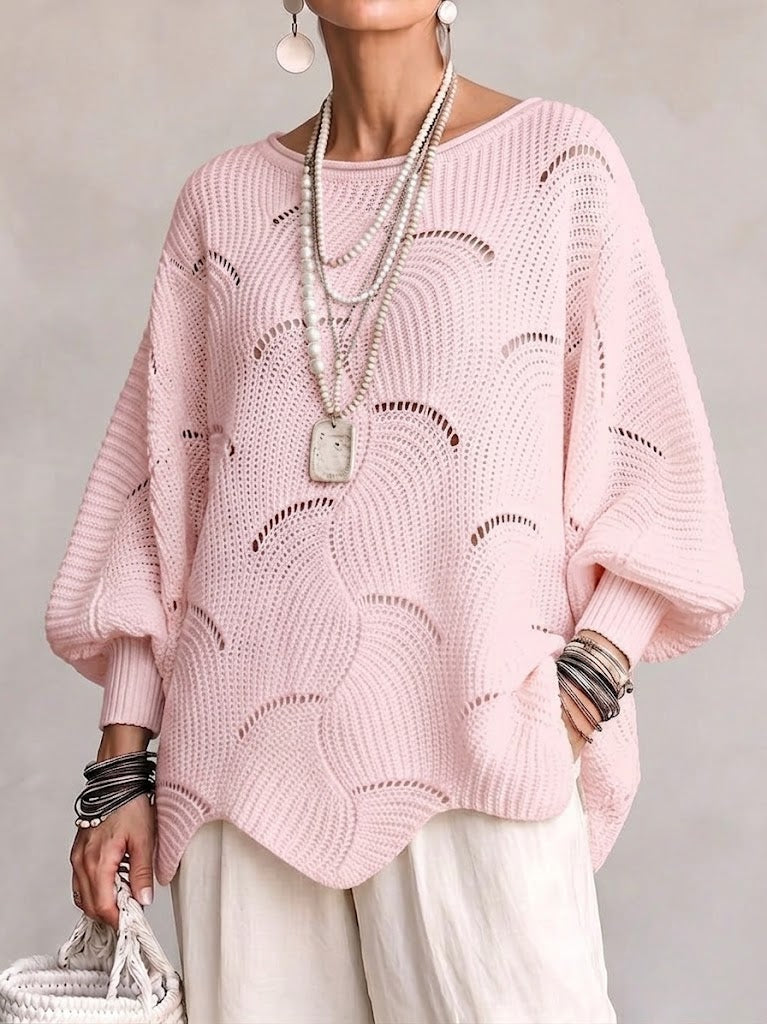 Curated Designer –Hollow Wave Pattern Loose Lantern Sleeve Knit Top