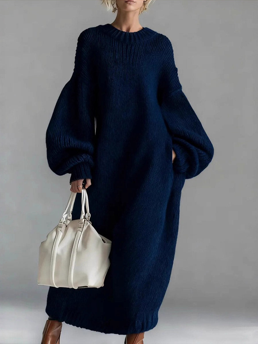 Women's Solid Color Round Neck Long Sleeve Casual Loose Knit Dress