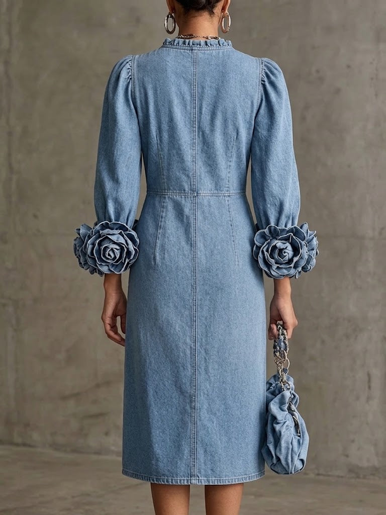 Curated Designer –Stylish Mid-length Denim Dress With 3d Floral Cuffs And Front Button Closure