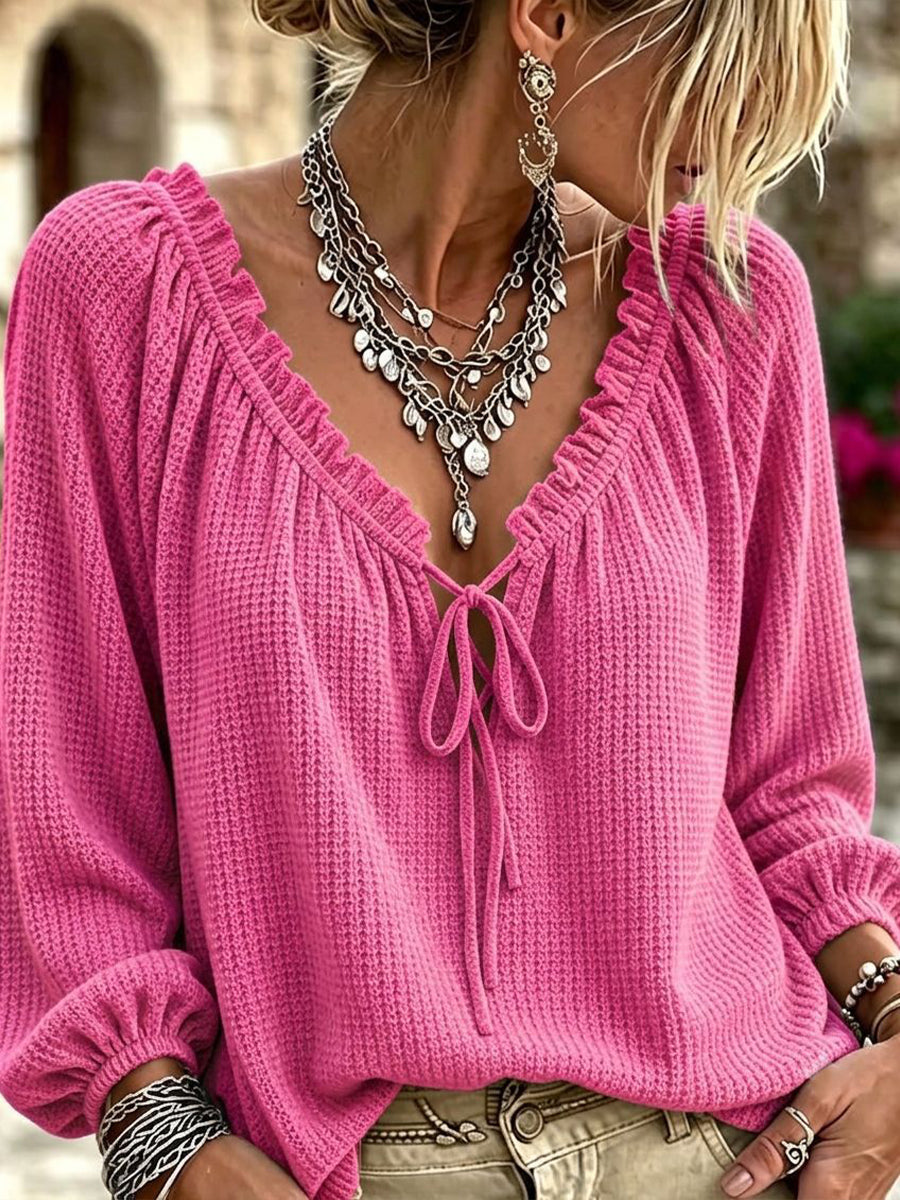 Comfortable Casual Waffle-knit Top With Ruffled V-neck