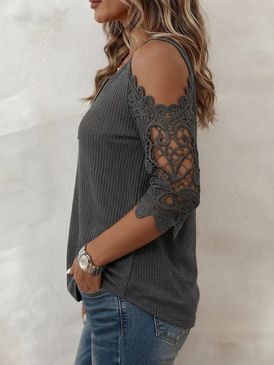 Semi-open Ring-zip Off-shoulder Cut-out Lace Top With Mid-length Sleeves