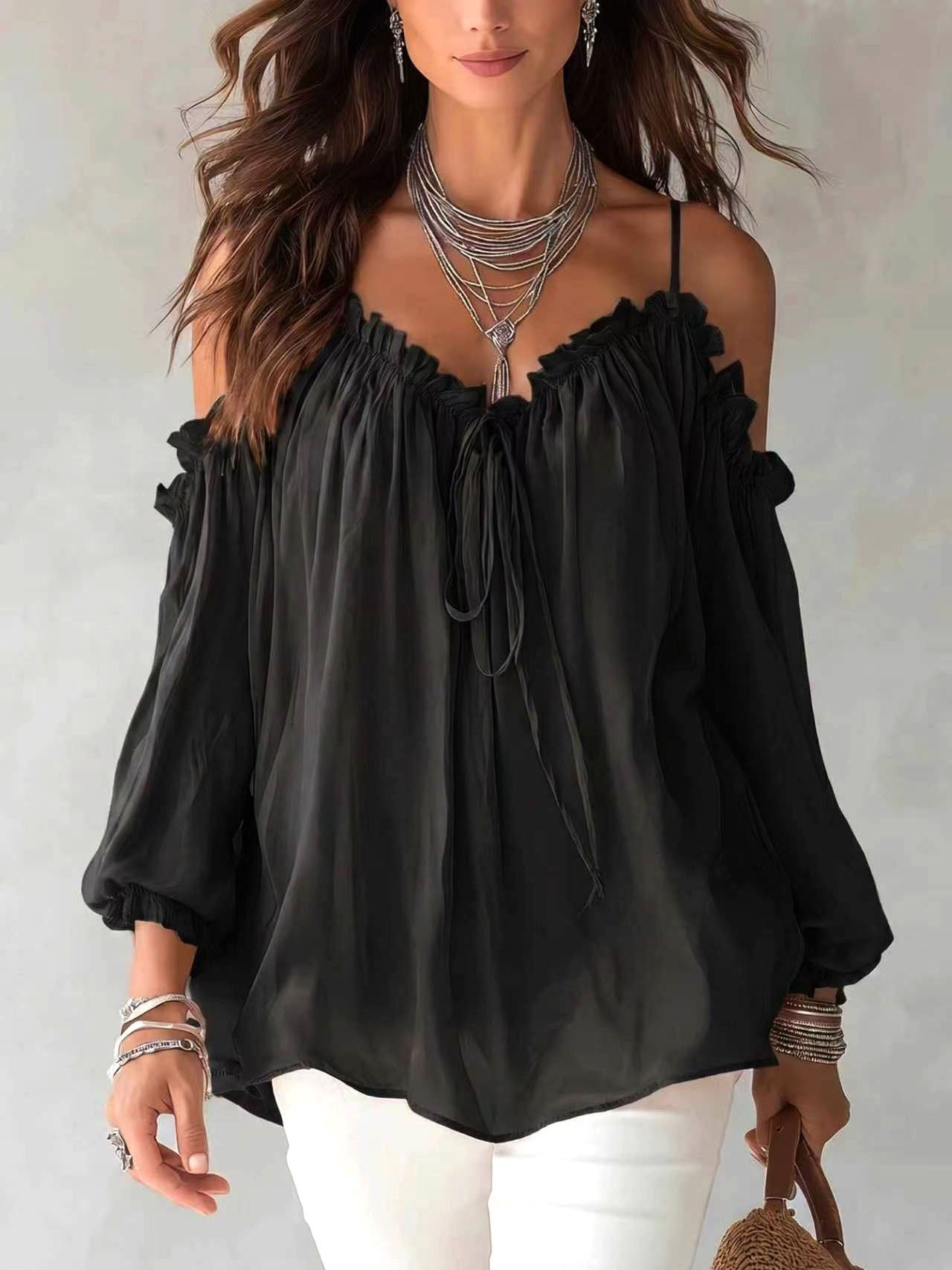 Boho Ruffled Off-shoulder Chiffon Blouse