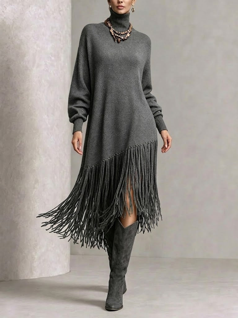 Curated Designer –Turtleneck Diagonal Fringe Oversized Knit Midi Dress