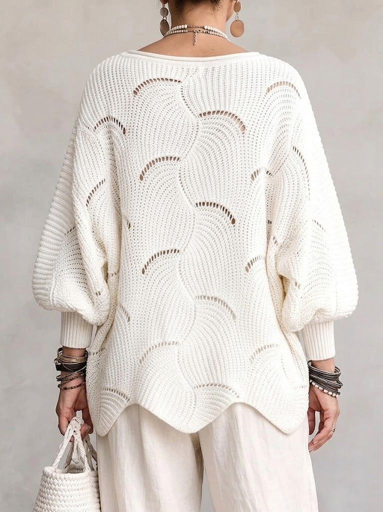 Curated Designer –Hollow Wave Pattern Loose Lantern Sleeve Knit Top