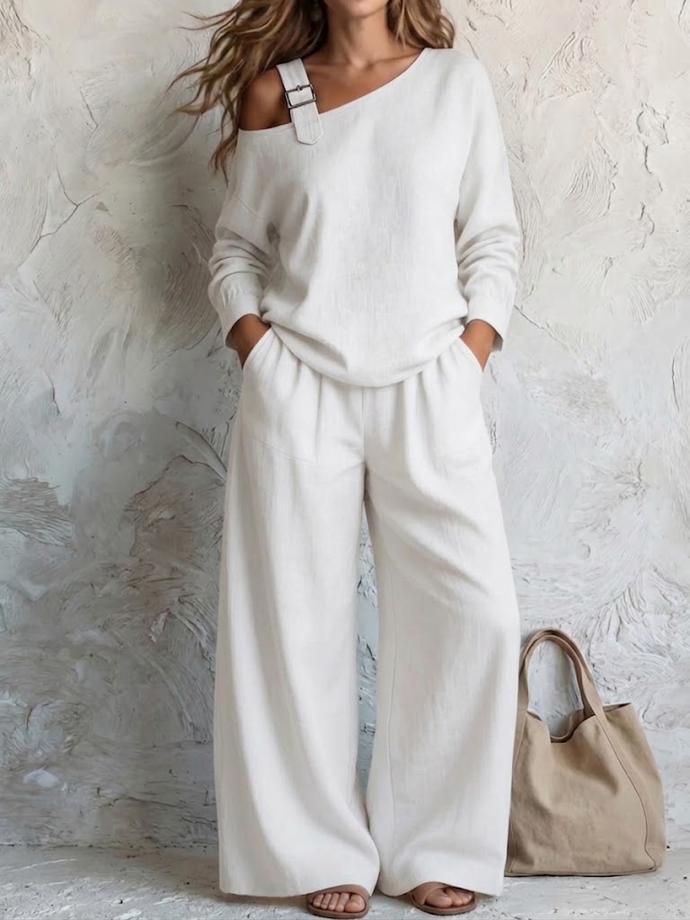 One Shoulder Strap Long Sleeve Top & High Waist Wide Leg Pants Linen Blend Two Piece Set